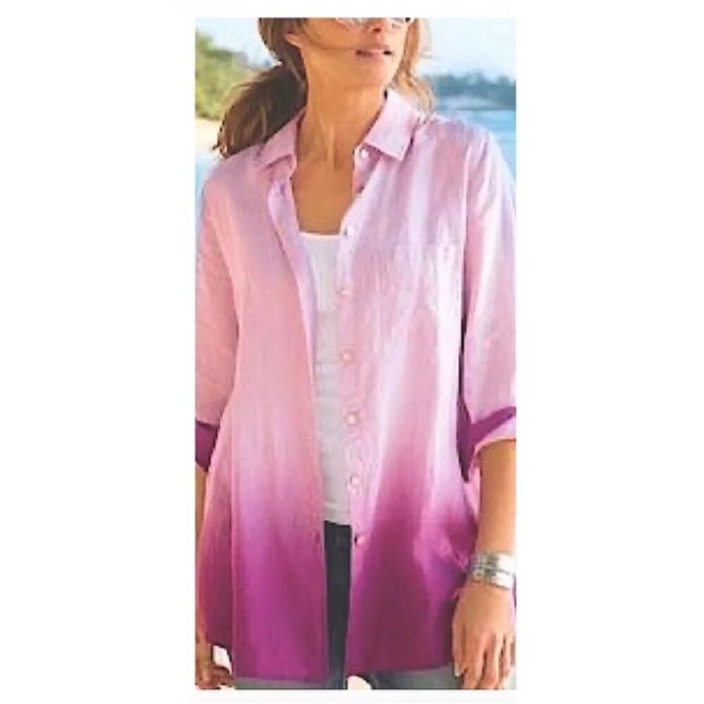 Soft Surroundings linen pink ombre long button up long sleeve beachy coastal L
